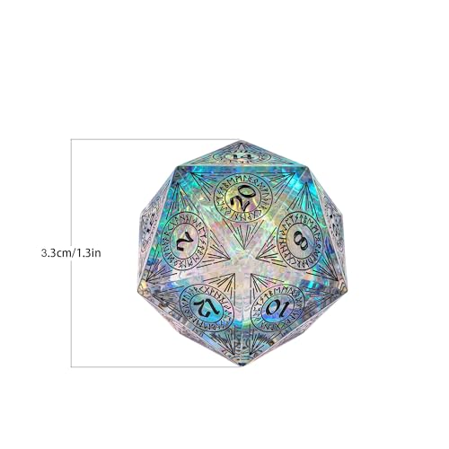 Cusdie Single D20 DND Dice with Sharp Edges and Glitter Foil Inclusions, 33mm Handcrafted 20 Sided D&D Dice, for Role Playing Game(Transparent w/Black Pattern) - color: Transparent W/Black Pattern