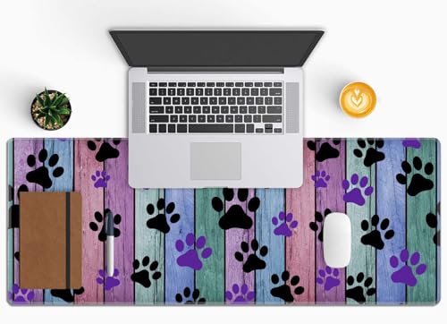 Dog Paw Desk Mat Black and Purple Large Extended Mouse Pad XL Desk Pad Gaming Mousepad Keyboard Mouse Mat for Computer Laptop 31.5''X11.8'' Non-Slip Rubber Base with Stitched Edges - color: Black and Purple Dog Paw