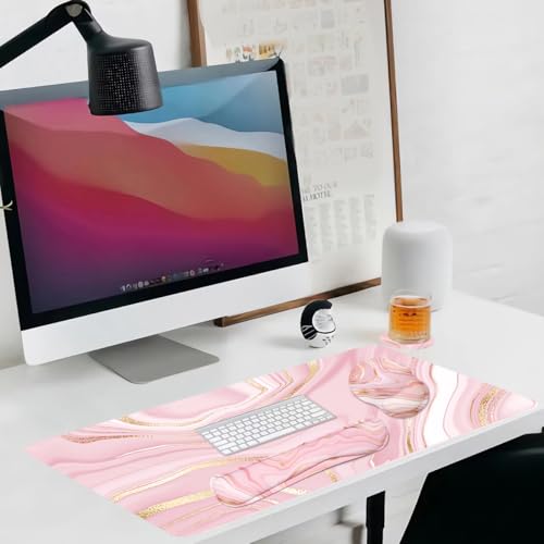 4-in-1 Gaming Mouse Pad Wrist Support Set，Desk Pad + Mouse Pad with Wrist Rest + Keyboard Wrist Rest + Coaster, Ergonomic Design for Home Office Study Game - Pink Fluid - color: 4 Pcs Pink Marble