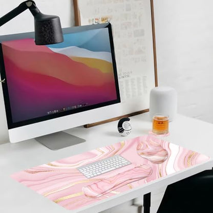 4-in-1 Gaming Mouse Pad Wrist Support Set，Desk Pad + Mouse Pad with Wrist Rest + Keyboard Wrist Rest + Coaster, Ergonomic Design for Home Office Study Game - Pink Fluid - color: 4 Pcs Pink Marble