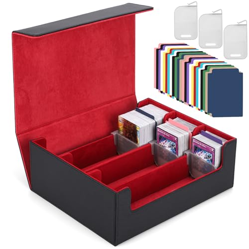Card Deck Case for Trading Cards 1800+, MTG Card Storage Box, Leather Magnetic Closure Storage Box for Magic Commander, MTG, YuGiOh, PKM and Sports Cards - color: Black and Red