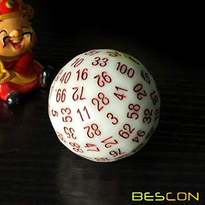 Bescon Super Jade Glow in Dark Polyhedral Dice 100 Sides, Luminous D100 die, 100 Sided Cube, Glowing D100 Game Dice - color: Jade Glowing