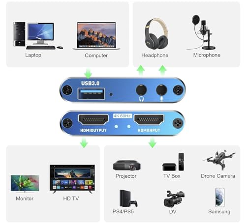 4K HDMI to USB3.0 Capture Card,1080P 60FPS, Audio Video Capture Card for Game Capture Card Nintendo Switch Streaming Work with PS4/PS5/PC/OBS/Camera/Xbox (Blue) - color: Blue