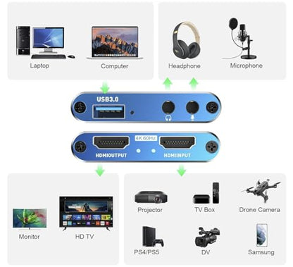 4K HDMI to USB3.0 Capture Card,1080P 60FPS, Audio Video Capture Card for Game Capture Card Nintendo Switch Streaming Work with PS4/PS5/PC/OBS/Camera/Xbox (Blue) - color: Blue