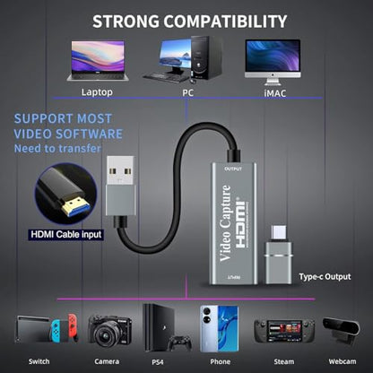 Papeaso Video Capture Cards, 4K HDMI to USB 3.0 Video Capture Device, 1080P HD 60fps Broadcast Live and Record Video Audio Grabber for Gaming, Streaming, Teaching, Video Conference (Silver)