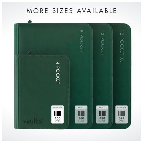 Vault X 4 Pocket Zip Trading Card Binder 160 Cards Exo-Tec (Green) | Holds 160 standard-size TCG cards in 20 side-loading 4-pocket pages. Padded, water-resistant Exo-Tec cover. - color: Green