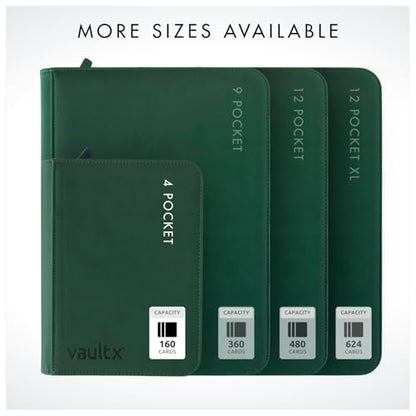 Vault X 4 Pocket Zip Trading Card Binder 160 Cards Exo-Tec (Green) | Holds 160 standard-size TCG cards in 20 side-loading 4-pocket pages. Padded, water-resistant Exo-Tec cover. - color: Green