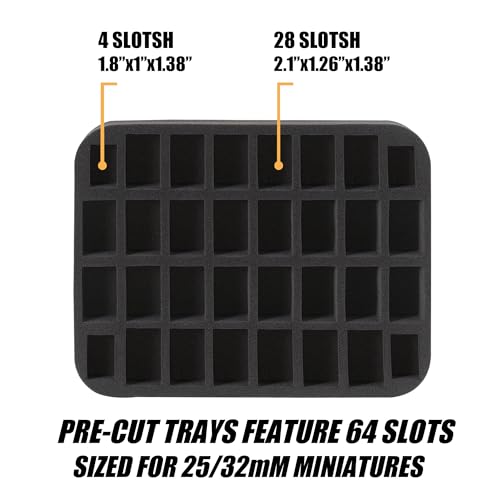 Madcat Miniature Storage Carrying Case -64 Slot Storage Case with 2 Impact-Absorbing Foam Trays For 32mm 40k, DND and More,case with Adjustable Shoulder Strap and zippered pocket. (64 Slot)
