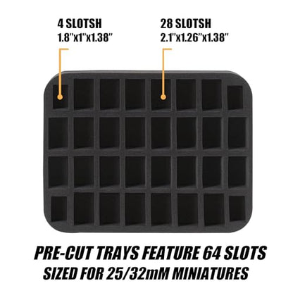 Madcat Miniature Storage Carrying Case -64 Slot Storage Case with 2 Impact-Absorbing Foam Trays For 32mm 40k, DND and More,case with Adjustable Shoulder Strap and zippered pocket. (64 Slot)