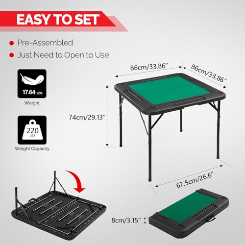 PEXMOR 34" Foldable Mahjong Table Portable, 4 Player Card Game Table w/Cup Holders & Chip Grooves, Tabletop Foldable, Poker Board Game Domino Table for Blackjack, Texas Hold'em (Black) - color: Black