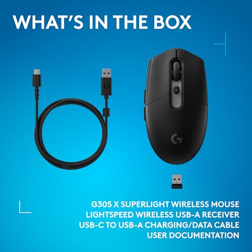 Logitech G305 X Superlight Wireless Gaming Mouse - Black | 59g Lightweight, 44K DPI, 678 IPS, Wireless 2.4 GHz/Bluetooth/USB-C, <170 hr Battery, 6 buttons, RGB, PC/Mac Compatible - color: Black, style: Superlight