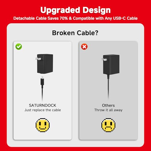 Charger for Nintendo Switch, 45W AC Adapter Fast Charging with 10ft Detachable USB C Cable, Compatible with Switch/OLED/Lite, Steam Deck, Support TV Mode, Original Quality - size: 10FT