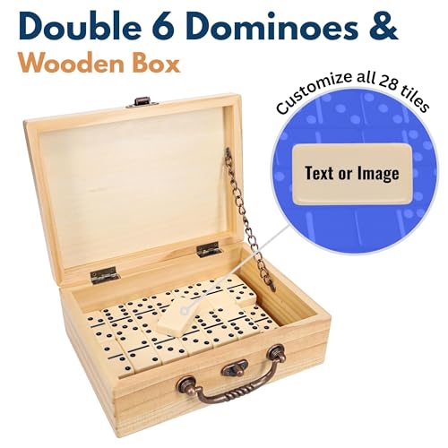 WE Games Double 6 Dominoes in Engraved Natural Wooden Treasure Box, Dominoes Set for Adults, Ivory Color Double Six Domino, Classic Board Games, Tile Games, Personalized Domino Gift - color: Natural