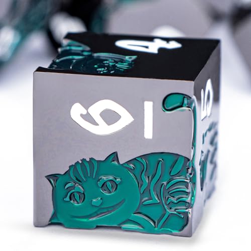 Metal DND Cat Dice 7PCS Polyhedral RPG Dice Set with Gift Case for Dungeons Dragons Role Playing Game, D and D Dice D6 D8 D10 D12 D20 D% (Green Black) - color: Cat-black Green