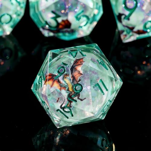 Dragon Polyhedral Dice Set, 7-Piece Clear Resin with Liquid Core, Sharp Edge Fantasy Dice with Teal Numbers, Dragon Artwork for D&D RPG Games - color: Resin Dragon-sky Blue