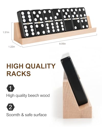KAILE Jumbo Double 6 Domino Set with Portable Case & 4 Wooden Racks | 28 Large Tiles for Adults & Families | Travel & Board Games for 2-4 Players - color: Black