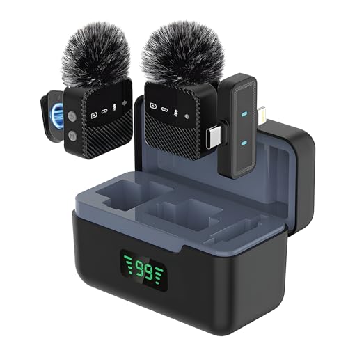 Wireless Lavalier Microphone for iPhone Android Mini Mic with Charging Case | Auto pairing clip-on mini mic, noise reduction, windproof net, works with laptops, for video recording and vlogging