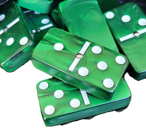 Marion Domino Double Six Green Marbleized Jumbo Tournament Professional Size with Spinners in Dovetail Sheesham Wood Box. - color: Green Marbleized