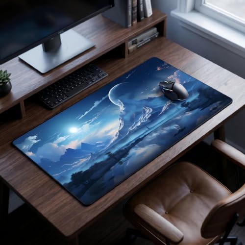 XXL Gaming Mouse Pad 23.6x11.8 inch, Snow Mountain Lake Landscape Theme Desk Mat, Riverside Starry Sky Moon Scene Large Mousepad,Fantasy Artistic Keyboard Mouse Mat (Snow Peak Lake View) - color: Snow Peak Lake View