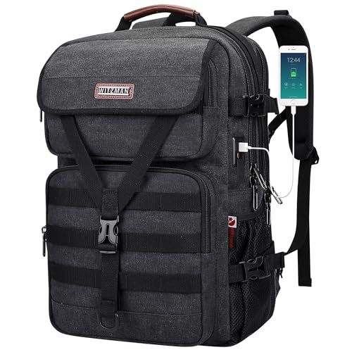 WITZMAN Canvas Travel Backpack for Men Large Laptop Backpack Fits 16 Inch | Carryon TSA Friendly Flight Approved, Vintage Luggage Bag with USB Port Airline Approved, For Weekend Trips, A8012 Black - color: Black