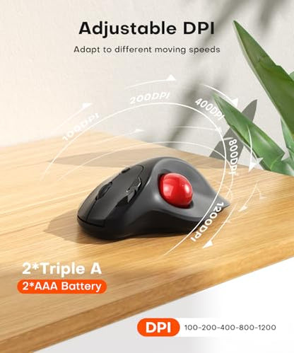 Ergonomic Wireless Trackball Mouse, Bluetooth & 2.4G Multi-Device Computer Mouse, 5 Adjustable DPI Thumb-Controlled Quiet Mice for Mac, Laptop, PC, Windows - Red - color: Red