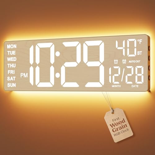 EASYERA 16.5" Large Digital Wall Clock BT Sync, 11 Scenes Mode Beige Clock | Remote Control, Big LED Clock with Dual Alarms, Auto DST, Temperature for Classroom Gaming - color: Beige