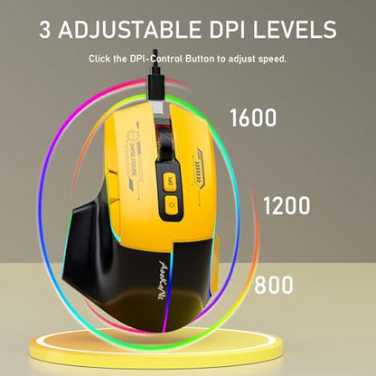 Wireless Mouse，Rechargeable Mouse, Ergonomic Mouse with 4 Adjustable DPI up to 2400, RGB Breathing Lights, Compatible with Laptop, Chromebook, PC, Desktop, Mac, Notebook (Yellow)