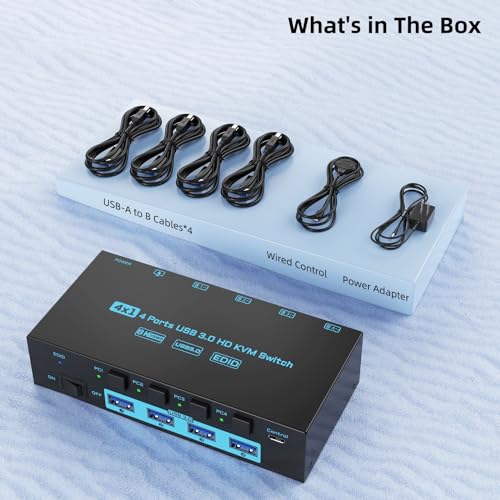8K HDMI KVM Switch 4 Computers Sharing 1 Monitor, ANXQQ EDID Function KVM Switch HDMI 4 Port 8K@60Hz 4K144Hz for 4 USB Devices, Keyboard Mouse Switch with 4 USB Cables, Wired Control and Power Supply
