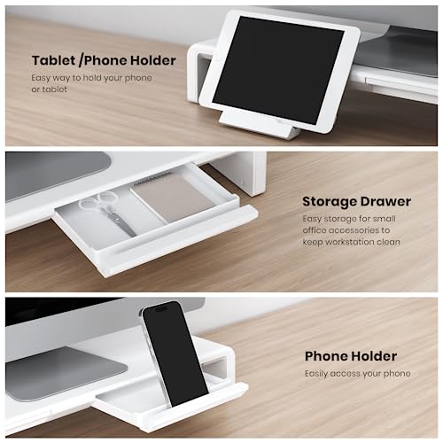 Monitor Stand Riser, Klearlook Foldable, Height Adjustable Computer Stand, Desk Shelf Riser with Storage Drawer &Tablet Phone Stand for Desktop, Laptop (White) - color: White