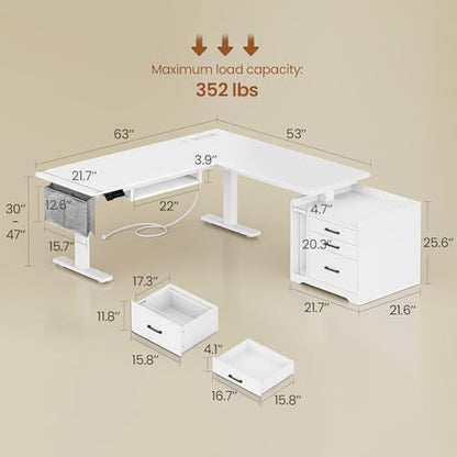 SEDETA L Shaped Standing Desk with File Cabinet, 3 Drawers, Power Outlet | 63 x 53'' Electric Height Adjustable Gaming Computer Desk with Led Lights for Home Office, Gaming Room, White - color: White, size: 63 x 53'' L Shaped Standing Desk