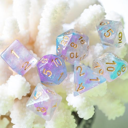 UDIXI Resin Glitter DND Dice Set Swirls RPG Polyhedral Dice Set for D&D | Purple & Blue Colors, Gold Number, Velvet Dice Bag Packaging, for Dungeons and Dragons Role Playing Games and Tabletop Games - color: A-purple Blue