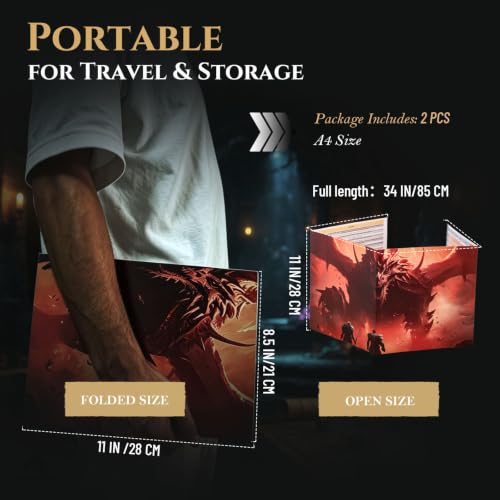 2 PCS DM Screen for D&D 5E Epic-Themed Dungeon Master Cheat Sheet | 34" x 11" , waterproof reusable surface, foldable to A4, 5E core rule reference, TTRPG Accessories, DND Starter Set