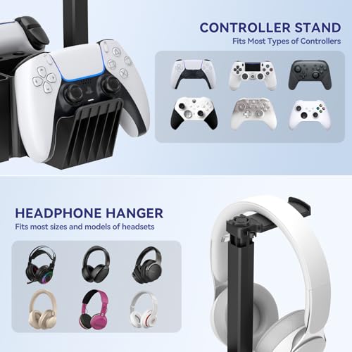 KDD Dual Controller Holder with Headphone Stand - Multi-Functional Desk Storage Box with Phone Holder - Universal Controller Stand with Desktop Organizer for Remote Control Pen Accessories(Black)
