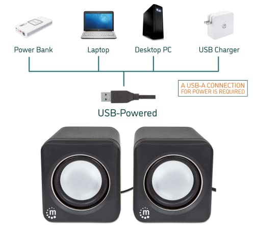 MANHATTAN USB Powered Stereo Speaker System - Small Size - with Volume Control & 3.5 mm Audio Plug to Connect to Laptop, Notebook, Desktop, Computer - 3 Yr Mfg Warranty - Black Silver, 166898 - color: Black Silver