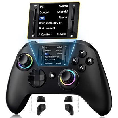 Interactive Screen Wireless Gaming Controller, Compatible with PC/PS4/Switch/Android/iOS, 4 Programmable Buttons, Turbo, 6-axis Gyro, Dual Vibration, RGB Lighting, Share, Screenshot, 1000mAh, Wake-up, Black - color: Black1