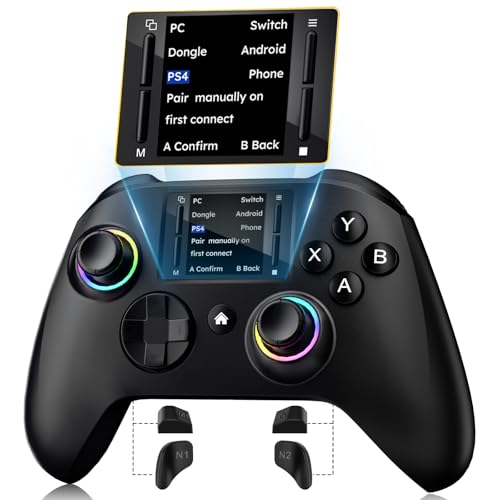 Interactive Screen Wireless Gaming Controller, Compatible with PC/PS4/Switch/Android/iOS, 4 Programmable Buttons, Turbo, 6-axis Gyro, Dual Vibration, RGB Lighting, Share, Screenshot, 1000mAh, Wake-up, Black - color: Black1