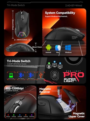 FMOUSE Wireless Gaming Mouse, PAW3311 Sensor, 12,000 DPI, 1,000Hz, Tri Mode (2.4G/Bluetooth/Wired), Ergonomic, USB C Rechargeable, 6 Programmable Buttons, Side Keys Mice for PC/Laptop/Mac (Black)