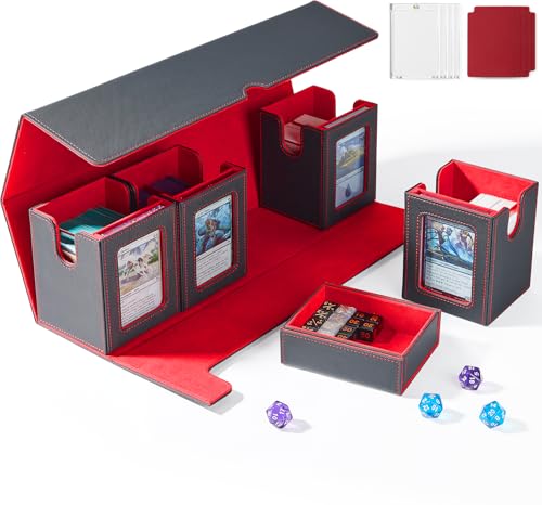 UAONO Card Deck Box for MTG with Commander Display, 5 in 1 Card Deck Case Holds 800+ Unsleeved Cards, Strong Magnet Organizer Compatible with Yugioh TCG Sports Cards (Black&Red) - color: A3-Black&Red, size: 5 IN 1 plus
