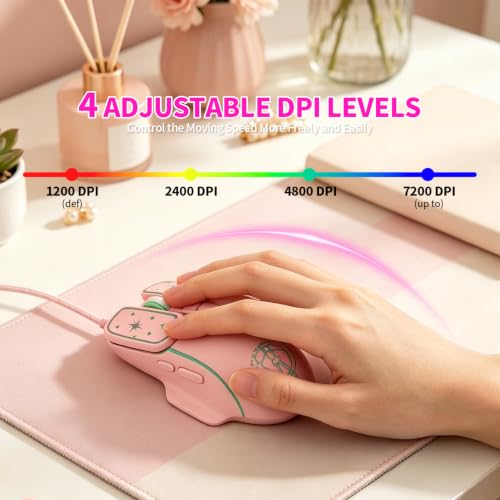 Wired Gaming Mouse, Lightweight USB Optical Computer Mice with 7 Buttons, 4 Adjustable DPI (1200-7200), Ergonomic Shape for Computers and Laptops, Pink - color: Pink