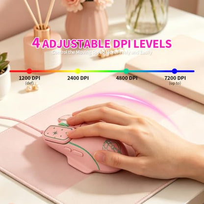 Wired Gaming Mouse, Lightweight USB Optical Computer Mice with 7 Buttons, 4 Adjustable DPI (1200-7200), Ergonomic Shape for Computers and Laptops, Pink - color: Pink