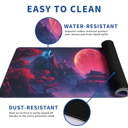 Darkness Red Moon Mouse Pad Abstract Red Mouse Pad 31.5x11.8 Inch Non-Slip Rubber Base Large Mousepad Stitched Edges Keyboard Mouse Mat Desk Pad for Office and Home(3) - color: Darkness Red Moon 3