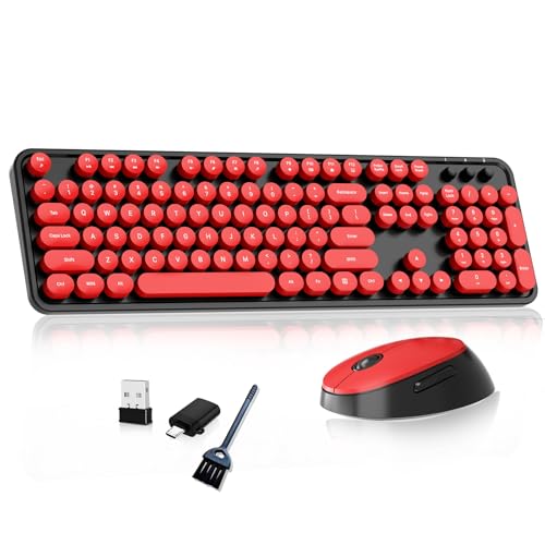 Wireless Keyboard and Mouse, COOFUN Retro Typewriter Keyboard with Round Keycaps, Full-Size Ergonomic, Ideal for Windows PC, Home, Office, and College Black and Red - color: Black and Red