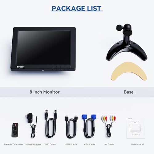 Eyoyo 8 Inch Small Monitor, 1024x768 4:3 IPS Mini Security Camera Monitor Screen Support HDMI VGA AV BNC Input with Remote Control, Video Monitors for Retro Computer PC NVR CCTV Raspbery Pi - style: 8 inch 1024x768