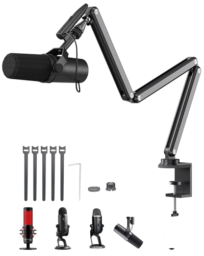 KU XIU Aluminum Alloy Boom Arm Microphone Stand for Desk, Three-Section Adjustable Mic Arm Mount with Cable Management Channels for Desktop Podcasting, Recording, Streaming, Gaming, Home Office-Gray