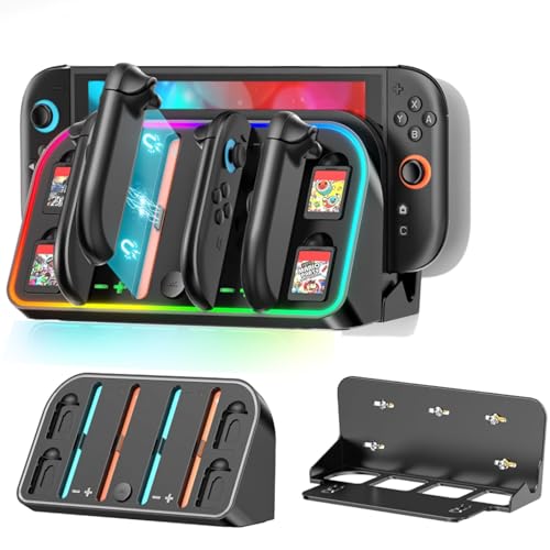 Charging Dock for Nintendo Switch 2, Dockable 4-in-1 JoyCon Controllers Charge Station, with 4 Game Card Storage Holder, LED Indicators& 7 RGB Light, Wall Mount Fast Magnetic Charger, Type-C Cable