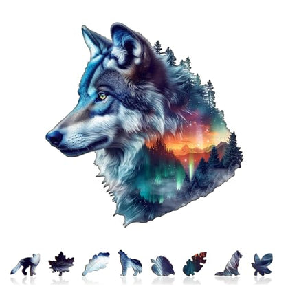 Wooden Puzzles for Adults, Aurora Wolf Jigsaw Puzzles, 190 Piece Unique Shaped Puzzle, Animal Shape Puzzle, Gifts for Adults/Friends/Family, Family Game，Wall Decor(13.4 * 12.9in) - size: Large