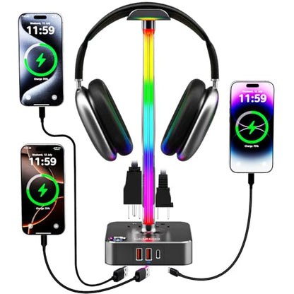 cozoo Gifts for Gamer Men All-in-One RGB Headset Stand & Charging Station | 3 USB Ports, 2 Outlets, Metal Space Gray | Gaming Equipment, Game Room Setup, Christmas Gifts for Him,Teen Boys,Tech Lovers - color: Gray Pro