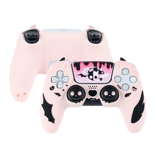 GeekShare Controller Skin Set Compatible with PS5, Anti-Slip Silicone Protective Cover with 2 Thumb Grip Caps and 1 Sticker - Sweetheart Skull Design (Pink) - color: Sweetheart Skull