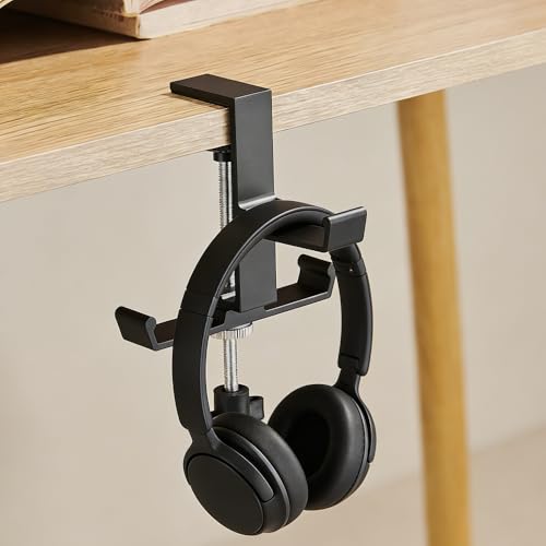 Headphone Stand for Desk Aluminum Alloy Headset Stand with Three Hooks Headphone Holder Clamp Mount for Gaming PC Accessories Universal Space-Saving Under Table Headset Hangers - color: black 3