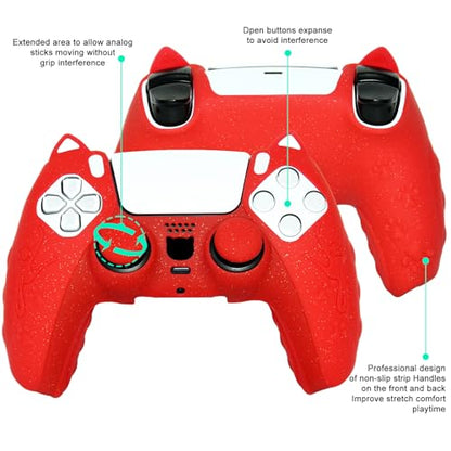 Red Cat Glitter Anti-Slip Protective Silicone Cover Skin Grips Compatible with PS5/Slim/Pro Controller,8 PCS Thumb Grips Caps and 2 Paw Grips Caps. (Cat Red) - color: Cat Red